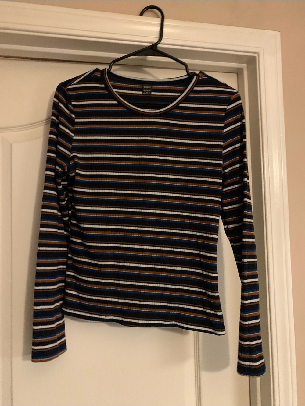SHEIN Striped Ribbed Long-Sleeve Top in Navy, Brown, Cream and Light Blue